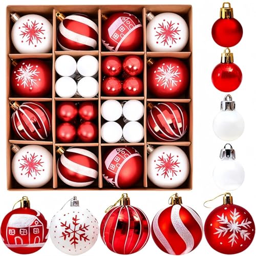 Weihnachtskugeln Rot Weiß, 44-teiliges Set roter und weißer Weihnachtsdekorationen, Christbaumschmuck, bruchsichere Hängekugeln, für Weihnachtsbaum, Zuhause, Büro und Partys