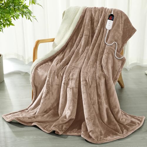 COZYTY Heizdecke mit Abschaltautomatik 130x180cm – Flanell Elektrische Wärmedecke, 6 Heizstufen &10-Std. Abschalt-Timer, Überhitzungsschutz, Maschinenwaschbar, Beige