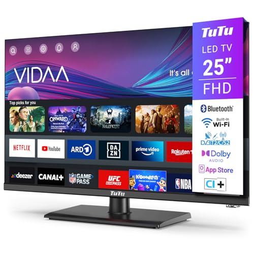 TuTu TUV25FQ1BC Fernseher 25 Zoll (64 cm), Full HD Smart TV mit Bluetooth, WLAN, Triple Tuner (DVB-T/T2, DVB-C, DVB-S/S2), App Store, AirPlay, HDMI, USB, Mittelfuss