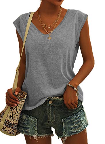 GeGekoko Damen T Shirt V-Ausschnitt Sommer Basic Top,Grau,XL