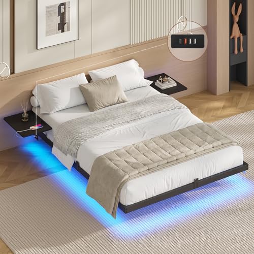 AOGLLATI Bettgestell 140x200 Bett 140x200 aus Metall mit LED Beleuchtung und Ladestation Schwebender Bettrahmen mit Aufbewahrungsregalen Metallbett mit Lattenrost Jugendbett Schwarz (Ohne Matratze)