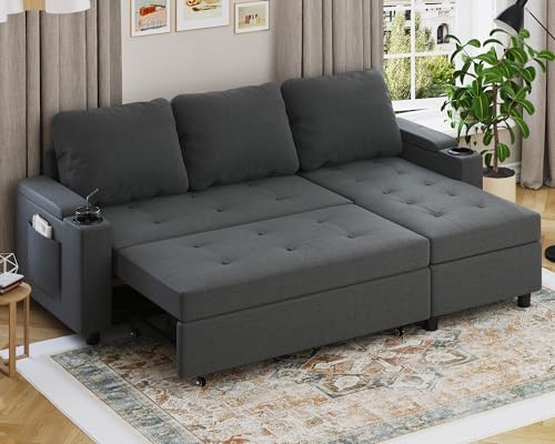 Devoko Ecksofa mit Schlaffunktion und Bettkasten L-Form Sofa 3-Sitzer Ausziehbares Schlafsofa Leinen Couch Kleines Schlafcouch für Wohnung und Wohnzimmer, Dunkelgrau