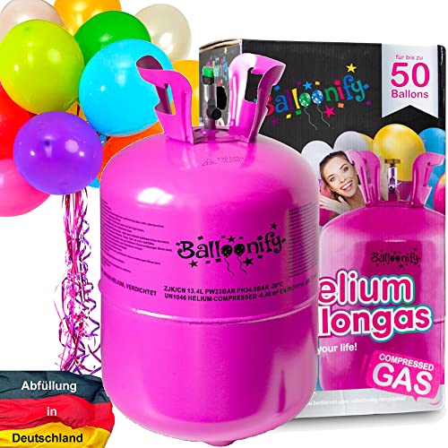 BALLONGAS FÜR 50 Luftballons + 50 Ballons + FÜLLVENTIL | Helium Einweg Flasche Luftballon Folienballon Deko Geburtstag Party Hochzeit