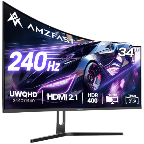 Amzfast 34 Zoll Curved Gaming Monitor, 3440x1440 UWQHD, 240Hz, 1ms MPRT, 1500R VA Curved, 21:9, 3000:1 Kontrast, 130% sRGB, HDR 400, Adaptive Sync, Pip/PBP, HDMI2.1&DP1.4, VESA 75x75mm, AMZG34C5QPro