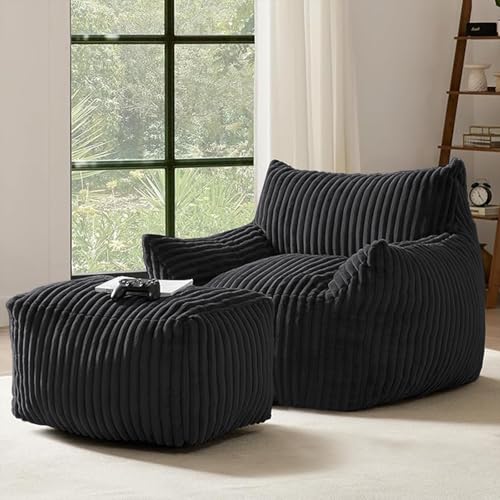 Calivra Sitzsack XXL für Erwachsene mit Ottoman - Ergonomischer Relax Liegesessel mit 5-Zonen-Stütze, Corduroy Bezug, High-Rebound Füllung Schwamm, platzsparend für Wohnzimmer (Schwarz)