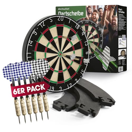 #DoYourDart Dartscheibe | 6 Dartpfeile – Steeldart inkl. Flight | Dart Komplett-Set | Sisal Dartscheibe mit Dart-Surround | Dartboard – selbstschließende brasilianische Sisalfasern