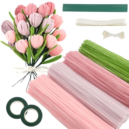 Galerie SV Rosa Tulip Bouquet Pfeifenreiniger Set, 400 Stück Pfeifenputzer zum Basteln 4 Farben Pipe Cleaner mit 20 Stück Grünem Bastelfaden, Geschenkband, Klebeband(Dunkelrosa, Mittelrosa, Hellrosa)