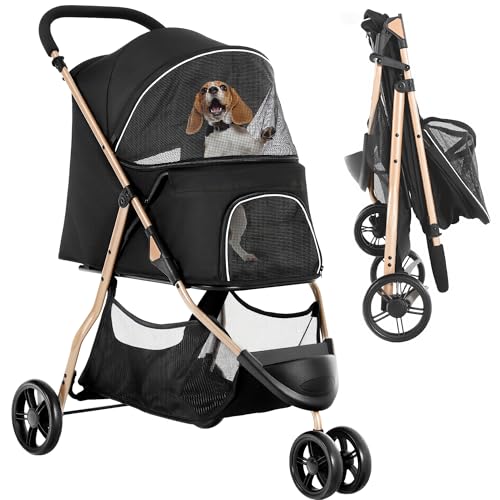 YITAHOME 15 kg Faltbarer Hunde- und Katzenbuggy, Drei Räder, Netzfenster, Bremsen, Eisenrohrrahmen, Robust, Geeignet für Haustiere unter Mittlerer Größe, Schwarz