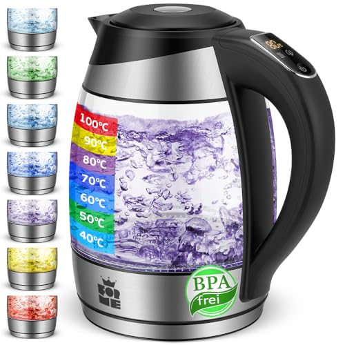 FOR ME Glas Elektrischer Wasserkocher 1,8L, Temperatureinstellung, Temperaturwahl 40°C bis 100°C, 7 Farben LED-Beleuchtung, Warmhaltefunktion, BPA-Frei