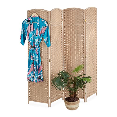 Relaxdays Paravent, 4-teilig, Raumtrenner faltbar, HxB 170x160 cm, Sichtschutz innen, Holz, Papierseil, Trennwand, Natur