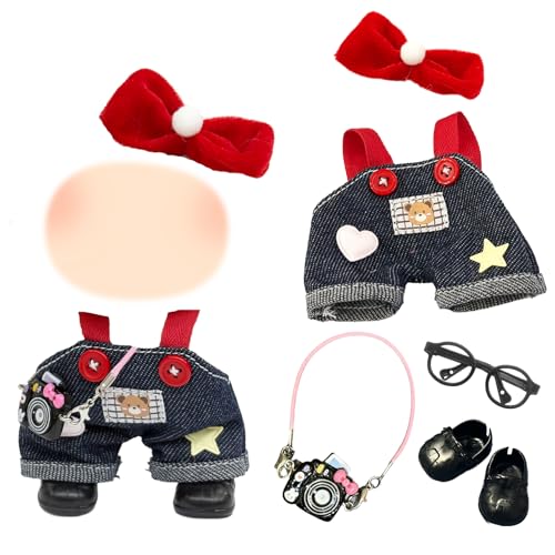 Kleidung 17cm Kleidung Puppen, 17cm Kleidung Mini Plüsch Puppen Plüschpuppe Modische Anziehsachen Zubehör mit Bär Denim Latzhose Brille Schleife Haarband Schuhe DIY Kinder Geschenke Mädchen