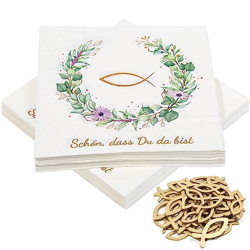 40 Stück Servietten und 45 Stück Fischdekoration aus Holz, 'Schön, dass du da bist!', Fisch-Tischdekoration für Taufe, Kommunion, Konfirmation oder andere festliche Anlässe, 33 x 33cm