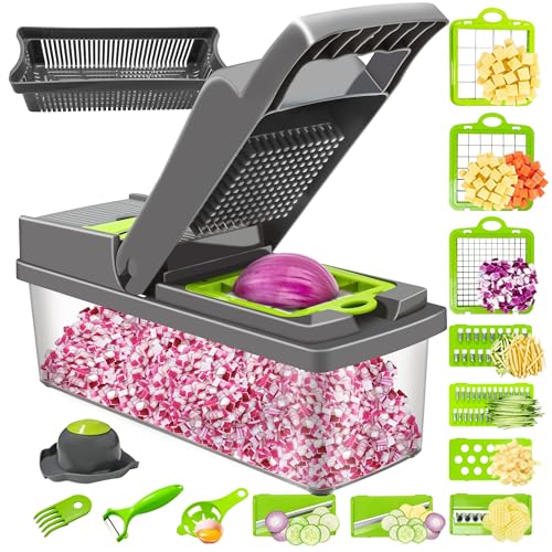 16 in 1 Gemüseschneider, Mandoline Gemüsehobel mit 9 Austauschbare Klingen, Multifunktionsschneider Würfelschneider Salatschneider für Hobeln Von Obst Gemüse, Karotte, Kartoffel