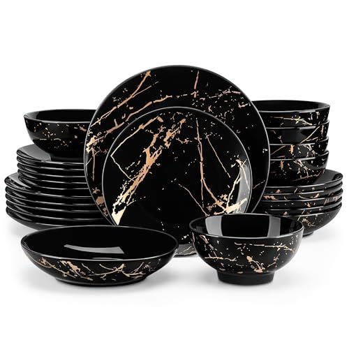 LOVECASA Tafelservice porzellan, Serie Daphne, SWEET 24-teiliges Kombiservice Set, Ess Geschirrset mit Goldspritzer Design, Speiseteller, Dessertteller, Müslischalen und Suppenteller für 6 Personen