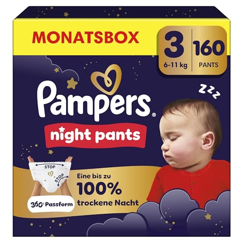 Pampers Night Pants Größe 3, 160 Windeln, 6kg-11kg, bieten zusätzlichen Schutz für die ganze Nacht