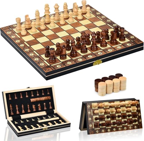 Aissom Schachspiel aus Holz, 2 In 1 Schachspiel, Schachspiel Magnetisch mit Stauraum, klappbar für Party Familie Aktivitäten,reiseschach, Kinder (29x29cm)