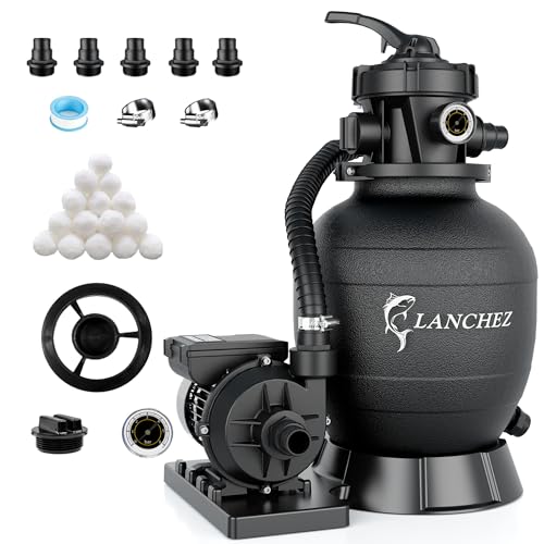 LANCHEZ Sandfilteranlage 9.000 L/h, 7-Wege-Ventil, 200g Filterbälle, Sandfilterkessel für Pool, Tankvolumen Maximal 10 kg Sand, 2in1 Adapter Ø32mm-38mm