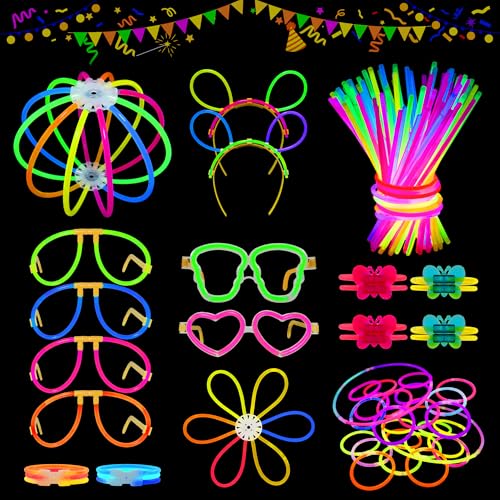 MOSSNDAR Knicklichter Party Set,100 Stück Leuchtstäbe 132 Verbinder,Neon Knicklichter Haarreif Brille Armband Sets für Geburtstage Kinder Halloween Party Deko Weihnachtsdeko Feuerwerk Silvester Deko
