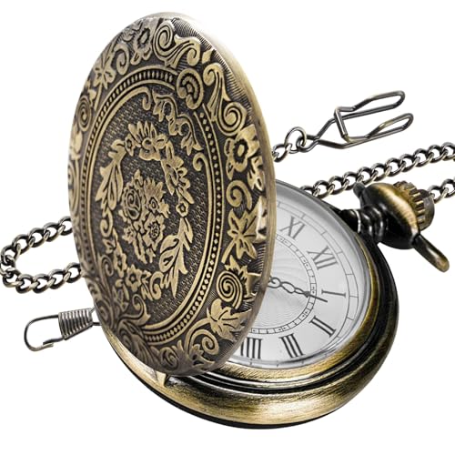 QEEROYO Vintage Taschenuhr, Vintage Taschenuhr mit Kette, Retro Quarz Mit Kette für Männer Frauen Vater Opa Geburtstag Jahrestag, Vintage Skulptur Stil