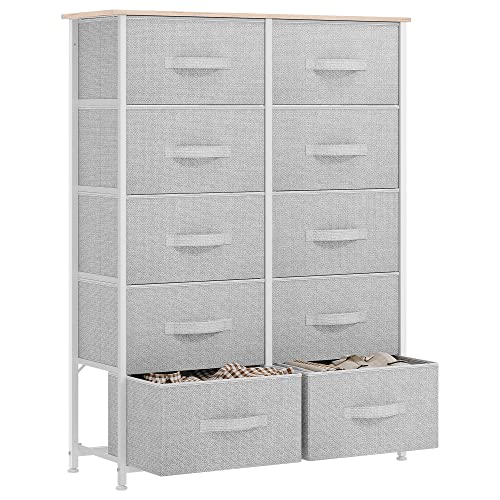 YITAHOME Kommode, Kommode mit 10 Schubladen, Stoffkommode für Schlafzimmer, Wohnzimmer, Schrank,Stabiler Stahlrahmen, Leicht zu Ziehen, Hellgrau Aufbewahrungsschrank