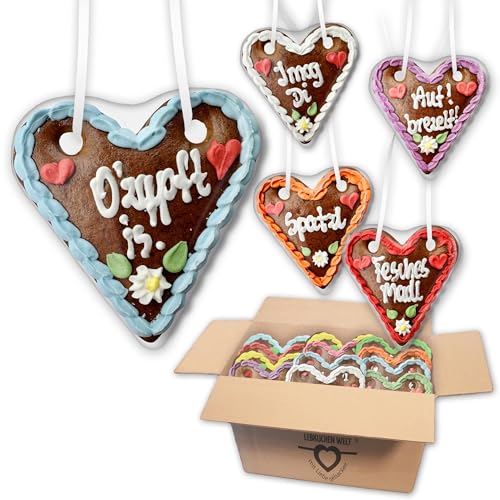20x Lebkuchenherzen Mischkarton Oktoberfest Sprüche, 14 cm, bunte Farben