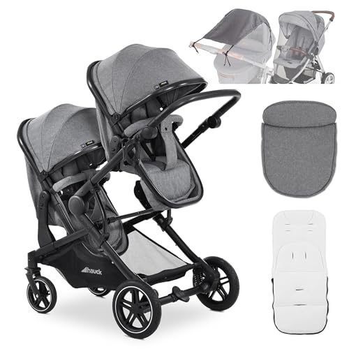 hauck Zwillingskinderwagen Atlantic Twin ab Geburt | 2 Babywannen zu drehbaren Sportsitzen mit Liegeposition | Geschwisterwagen mit Insektennetz & Sonnensegel UV50+ – Melange Grey