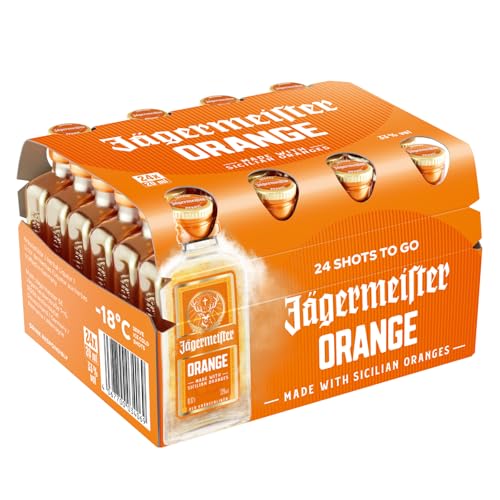 Jägermeister ORANGE – 24 x 0,02l Premium Kräuterlikör Shots 33% Vol. – Fruchtig-frisch mit Citrusöl-Extrakt aus sonnengereiften sizilianischen Orangen – 56 erlesene Kräuter
