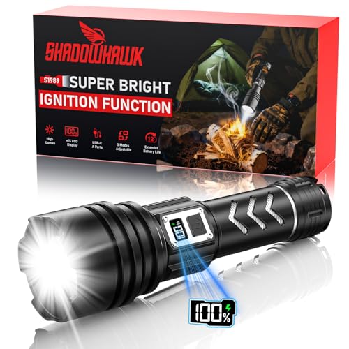 Shadowhawk Taschenlampe Led Aufladbar 1,000,000 LM - 50W Taktische Taschenlampe Extrem Hell, 1000m Weitschuss & 12H Laufzeit, IP67 LCD-Display flashlight für Survival/Outdoor/Camping, Mit Zündfunktion