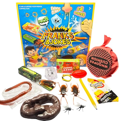 KbouZgxa Scherzartikel, 14 Stück Prank Set, Furzkissen, Kleine Fliegen und realistische Scherzartikeln, Lustige Streiche für Erwachsene, Ideal für Parties und gesellige Abende