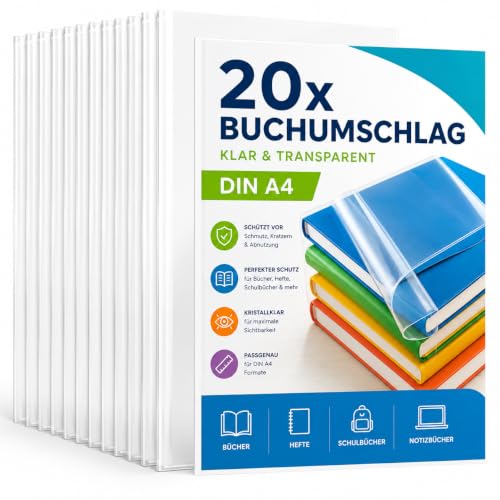 20x Buchumschlag klar & transparent Umschlag & Hefthülle Buchschoner - DIN A4 – ideal für den Schutz von Büchern, Heften, Schulbüchern und Notizbüchern