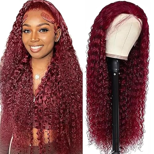 Salharer Echthaar Perücke für Damen Perücken Curly Human Hair Wig 13x6 Lace Front Wig 100% Brasilianisches Perücken Echthaar mit Babyhaar Any Part Burgundy Color 18 Inch