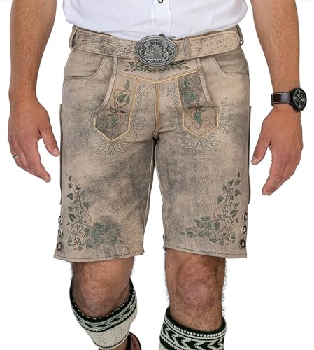 Schöneberger Trachten Couture Herren Lederhose kurz, Nubuk-Leder Trachtenhose für Oktoberfest, Trachtenlederhose gespeckt Sepp (52)