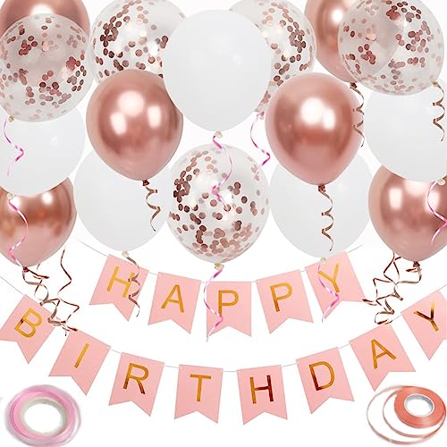 Happy Birthday Banner, Roségold Geburtstagsdeko, 16 Stück 12 Zoll Happy Birthday Luftballons mit 2 Bändern für Mädchen und Frauen Geburtstag Party Dekoration