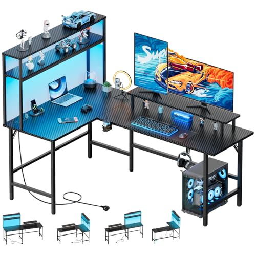 HLONONE Gaming Tisch mit LED, 170 x 100 cm Eckschreibtisch mit 3 Steckdosen und 2 USB, Reversibel Gaming Schreibtisch L Form, Computertisch mit Monitorständer und Aufsatzregal, Kohlefaser Schwarz