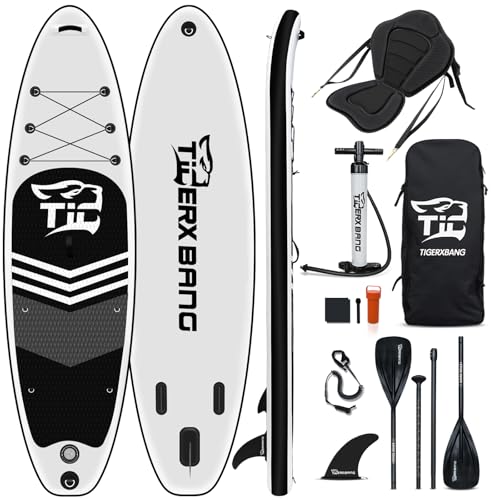 TIGERXBANG Black Tiger Collection Aufblasbares Stand Up Paddle Board SUP Board mit Kajaksitz Doppelblattpaddel |320x82x15cm| für Erwachsene/Kinder| ISUP Paddleboarding Komplettpaket