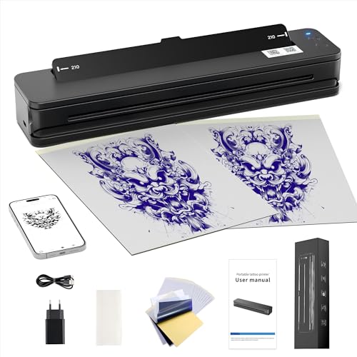 RHEIN Tattoo Drucker Bluetooth Tattoo Transfer Maschine 2500mAh Akku mit 10 Transferpapier Putztuch Professional Tattoo Printer Tragbar Drucker Machine für Tattoo Künstler und Anfänger T106Z-EU