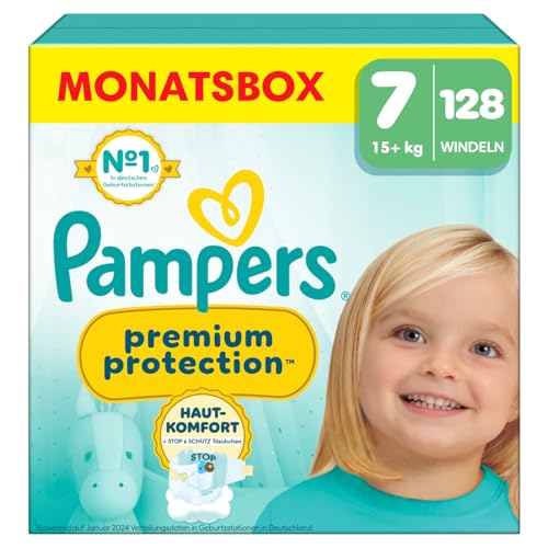 Pampers Premium Protection Größe 7, 128 Windeln, 15kg+, Doppelter Schutz für die Haut und vor Auslaufen