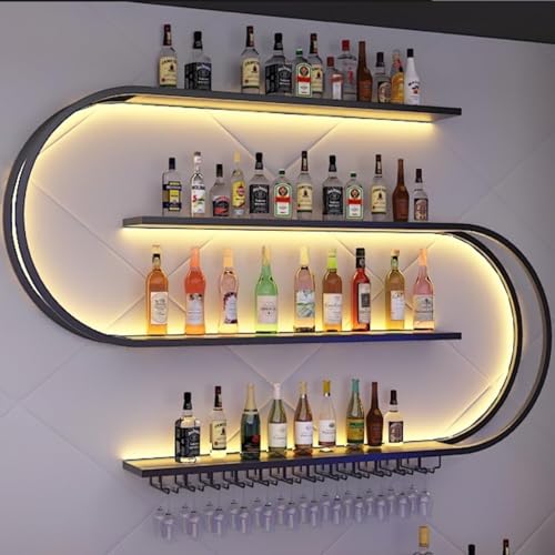 120cm Wand montiertes Weinregal, halbrundes mehrschichtiges Weinregal mit Weinglashaken, Weinflaschen-Präsentationsregal aus Eisen, für Küche, Bar, Café (ohne Glühbirnen) (Black, 120 * 20 * 120CM)