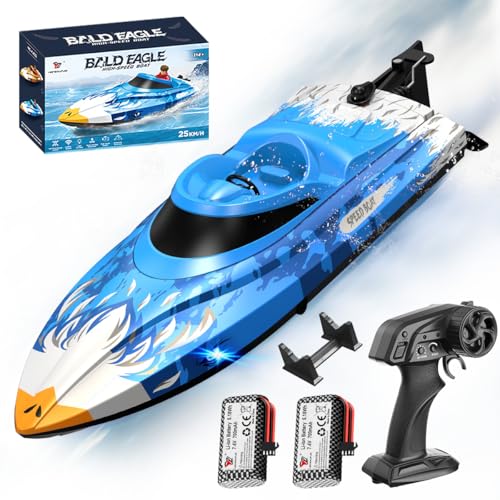 Ferngesteuertes RC Boot 25 km/h, wasserdicht mit 2,4 GHz Fernsteuerung, Wasserkühlung, LED, automatische Flip-Funktion, Akku- & Reichweitenalarm, 2 Batterien, für Kinder & Erwachsene, Pool & See
