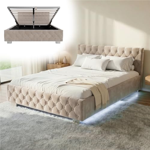 Juskys Polsterbett Nizza 140x200 cm Samt mit Stauraum, LED Beleuchtung & Lattenrost - Chesterfield Steppung & Kopfteil - Bett Bettgestell - Beige