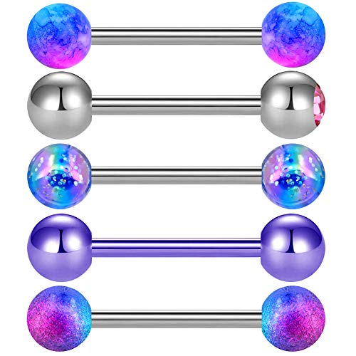 OUFER 14G 5stk Violett Zungenpiercing Kugel Chirurgenstahl Set 16mm 1.6mm Barbell Tongue Bars Piercings Purple Schmuck