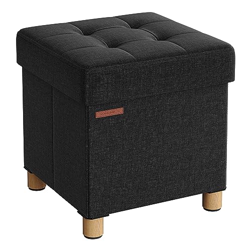 SONGMICS Sitzhocker mit Stauraum, kleine klappbare Sitzbank, 38 x 38 cm Fußbank, Aufbewahrungsbox, bis 300 kg belastbar, für Wohnzimmer Schlafzimmer Schlafsaal, tintenschwarz LSF014B11