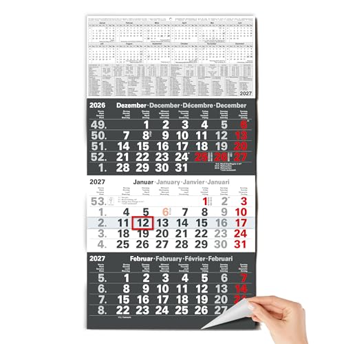 TOBJA® 3 Monatskalender 2027 Wandkalender Anthrazit - Mit rotem Datumsschieber, FSC-zertifiziert, Schulferien und Feiertagen - Ideal für Büro und Familie | Quartalskalender Wand 30x56 cm