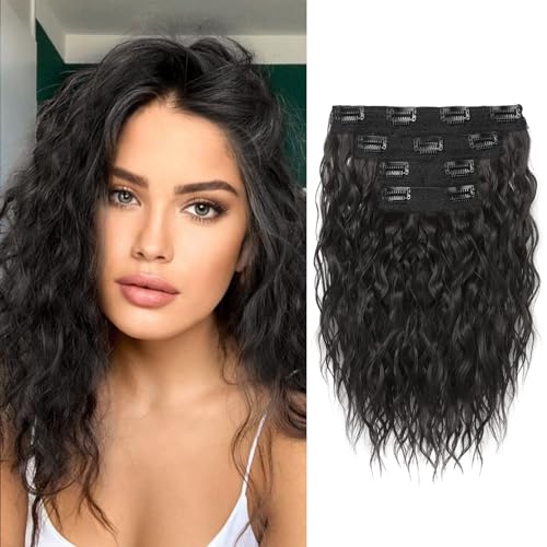 REECHO Clip in Extensions, 30cm Gewellt 4-teilig Haarverlängerung für Sofort Mehr Volumen | Kurzes Haarteil für Natürlich Volleres Haar | Premium Kunsthaar (Matt & Seidig) - Schwarzbraun