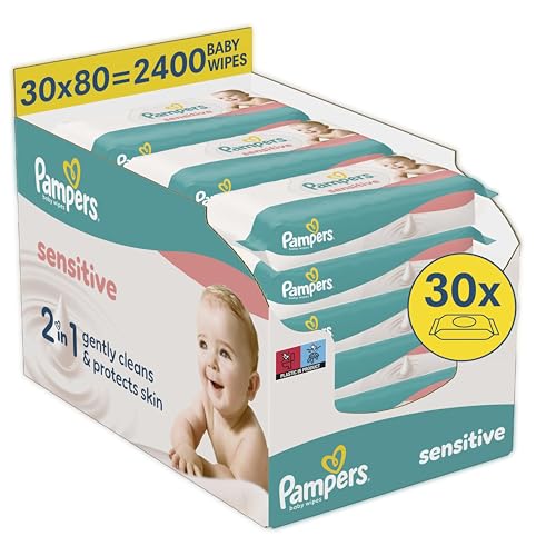 Pampers Sensitive Baby-Feuchttücher, 30 Packungen mit 80 Feuchttüchern - 2400 Baby-Feuchttücher, 2-in-1 sanfte Reinigung und Hautschutz