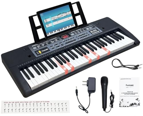 Funtaki Tragbares 61-Keys Digitales Klavier, elektronisches Klavier mit beleuchteten Tasten und Musikständer, Mini-Keyboard für Kinder und Erwachsene, digitale Tastaturen Schwarz