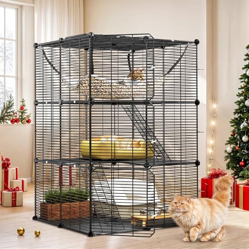 YITAHOME Katzenkäfig für Draußen, 3-stöckig Katzengehege, DIY-Katzenlaufstall, Katzenkäfig mit dichtem Metalldraht, Katzenhütte mit extra großer Hängematte für 1–2 Katzen, Chinchilla, Schwarz