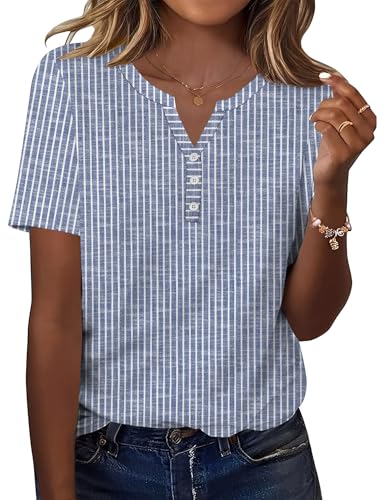 Kistore Top Damen Sommer Streifen V-Ausschnitt Knopf Kurzarm T Shirts XL