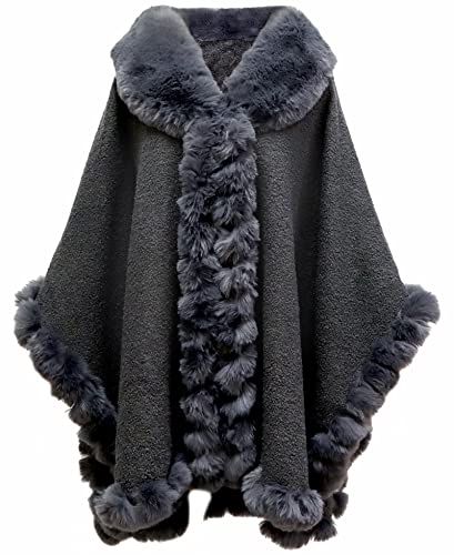Gragengs Damen Faux Kaninchen Pelz Cardigan Mantel Poncho Winter Lose Cape Warme Schal Wrap,X/Grau