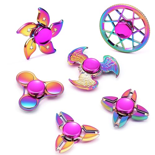 SCIONE 6er-Set Fidget Spinner Metall – Regenbogen-Spinner für Kinder/Erwachsene, Langlebig mit Ultraschwenkbaren Lagern (3-5 Min. Drehzeit), Stressabbau & Fokus